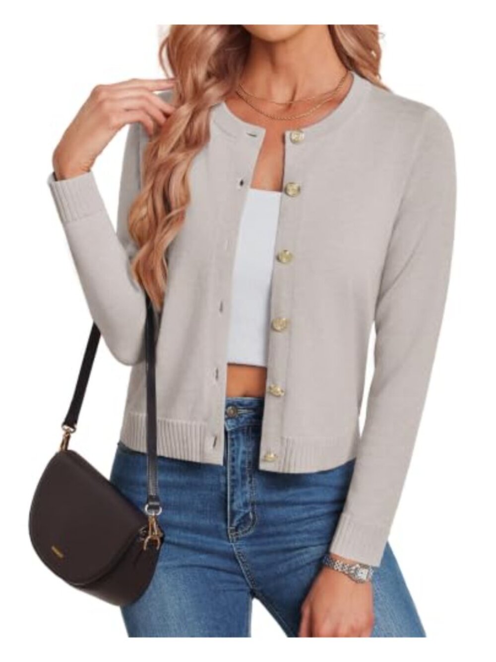 Cropped Wool Blend Cardigan Sweater Long Sleeve Button Up Knit Ladies Fashion